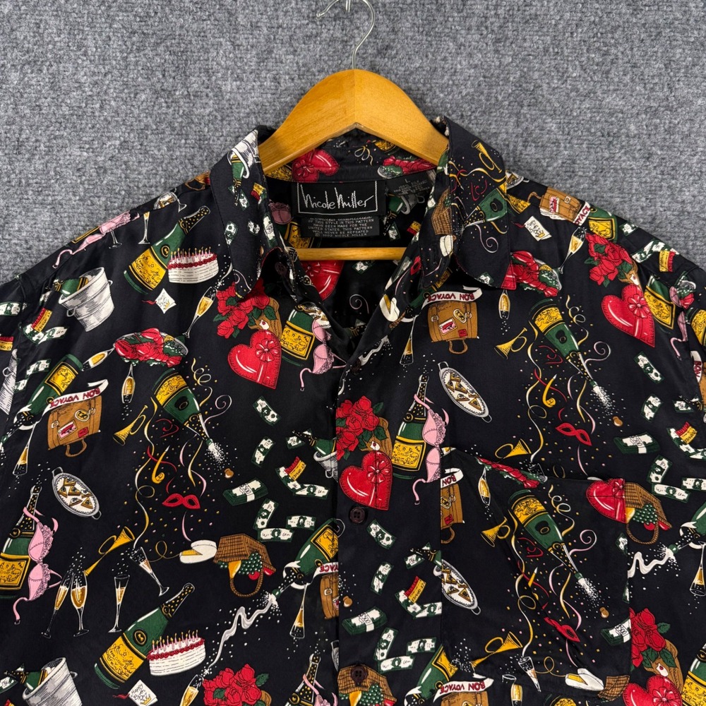 Nicole Miller Silk Party Print Shirt Men's Large Black Champagne Money Roses